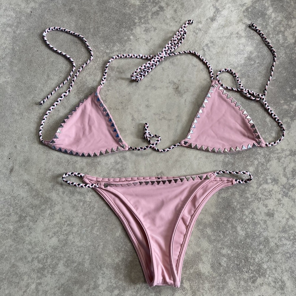 Same Los Angeles Bikini Set Womens M Bottom L Top Pink Studded Triangle